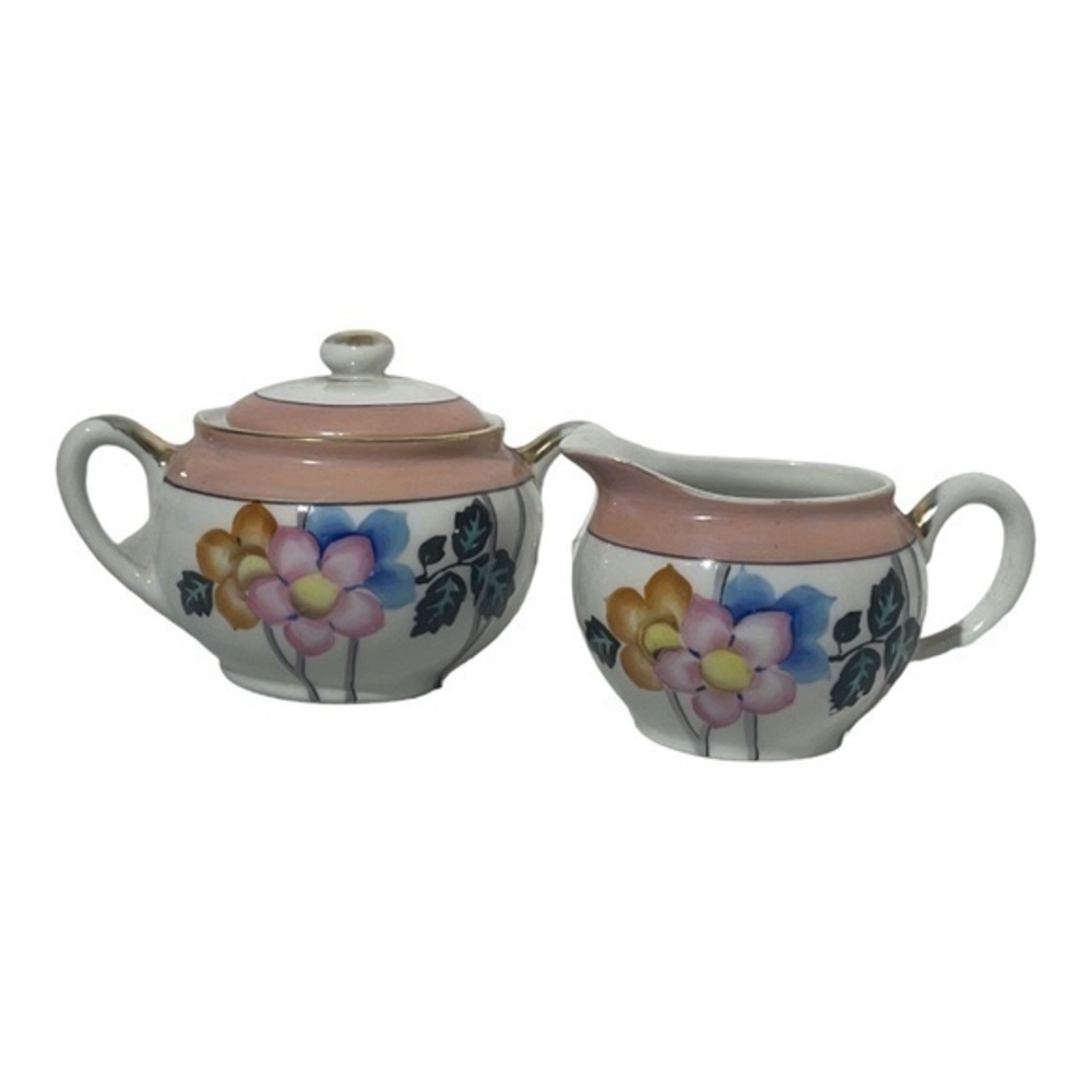 Vintage Noritake Creamer and Sugar Bowl Hand Painted Japan Pink Floral